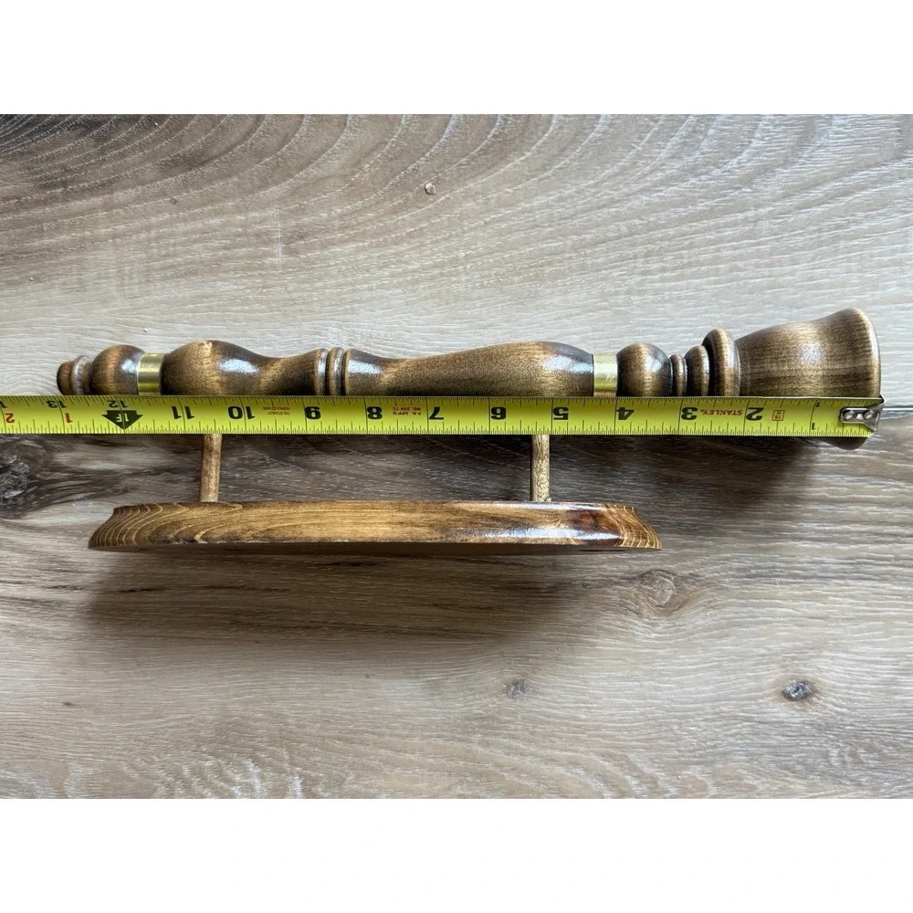 Vintage Wood Turned Candle Wall Sconces w Gold/Brass Metal Bands MCM Retro 13in